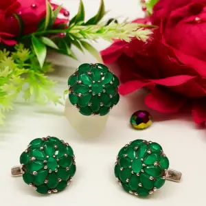 925 Sterling Silver Synthetic Emerald Ring and Earring Set