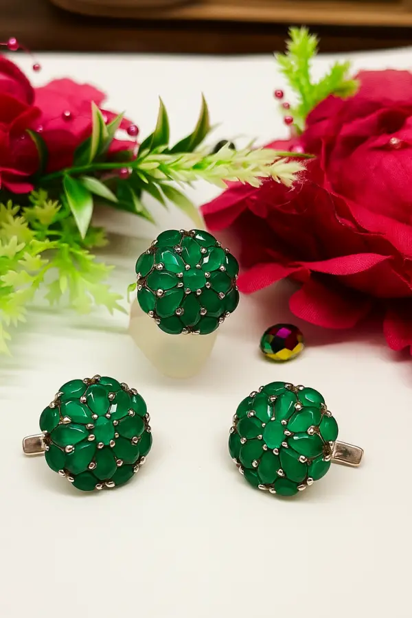925 Sterling Silver Synthetic Emerald Ring and Earring Set