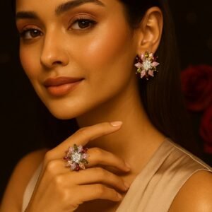 Floral Burst Ring & Earring Set – 925 Sterling Silver with Multi Zircon Stones 🌸✨